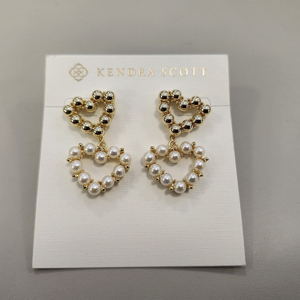 NWT Kendra Scott Gold-Tone Ashton Gold Heart Drop Earrings in White Pearl
